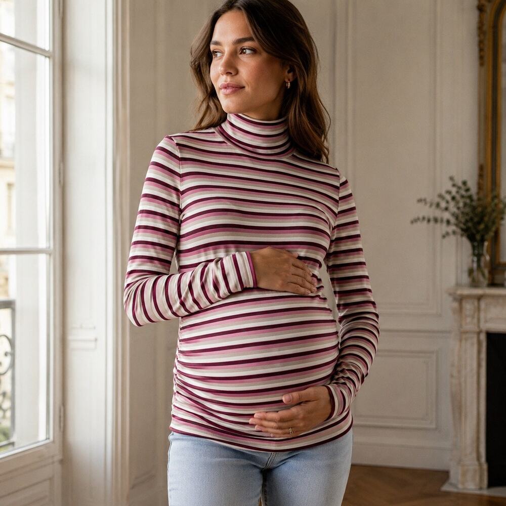 Maternity Turtleneck Top Small 4/6 Wine Pink Stripe Stretch Chic NWT